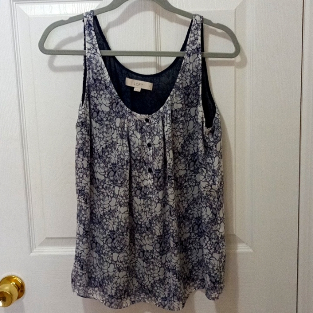 Loft sleeveless blouse white navy floral. Ladies size Medium.